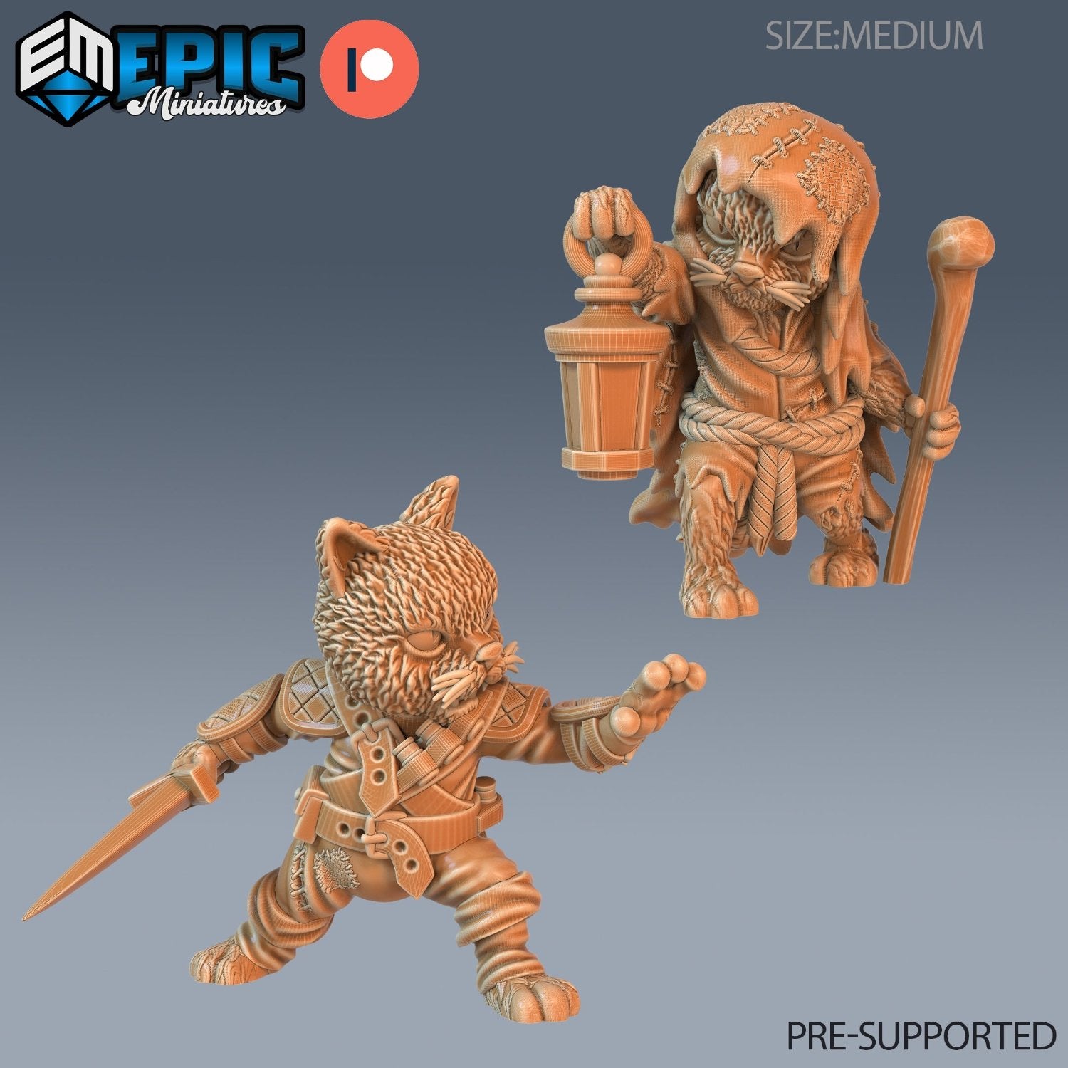 This set features a variety of Cat Folk miniatures, including an sword-wielder, and a Lamp-carrying wanderer. The charming yet fierce details make them ideal additions to enhance the personality and narrative of any tabletop game, from D&D to Warhammer Fantasy.