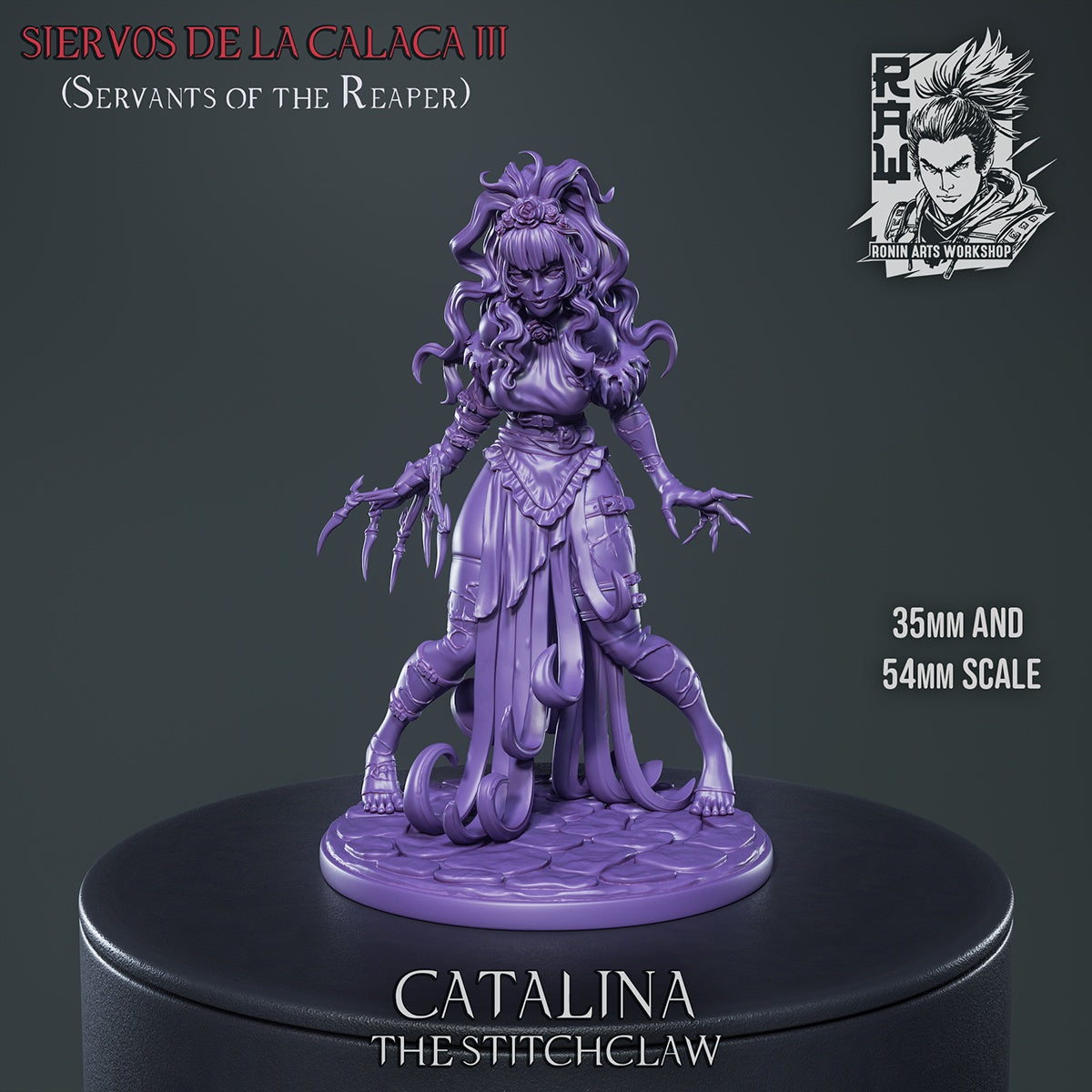 unpainted female undead figure with clawed hands, flowing hair, and tattered robes; available in 35mm and 54mm display scales.