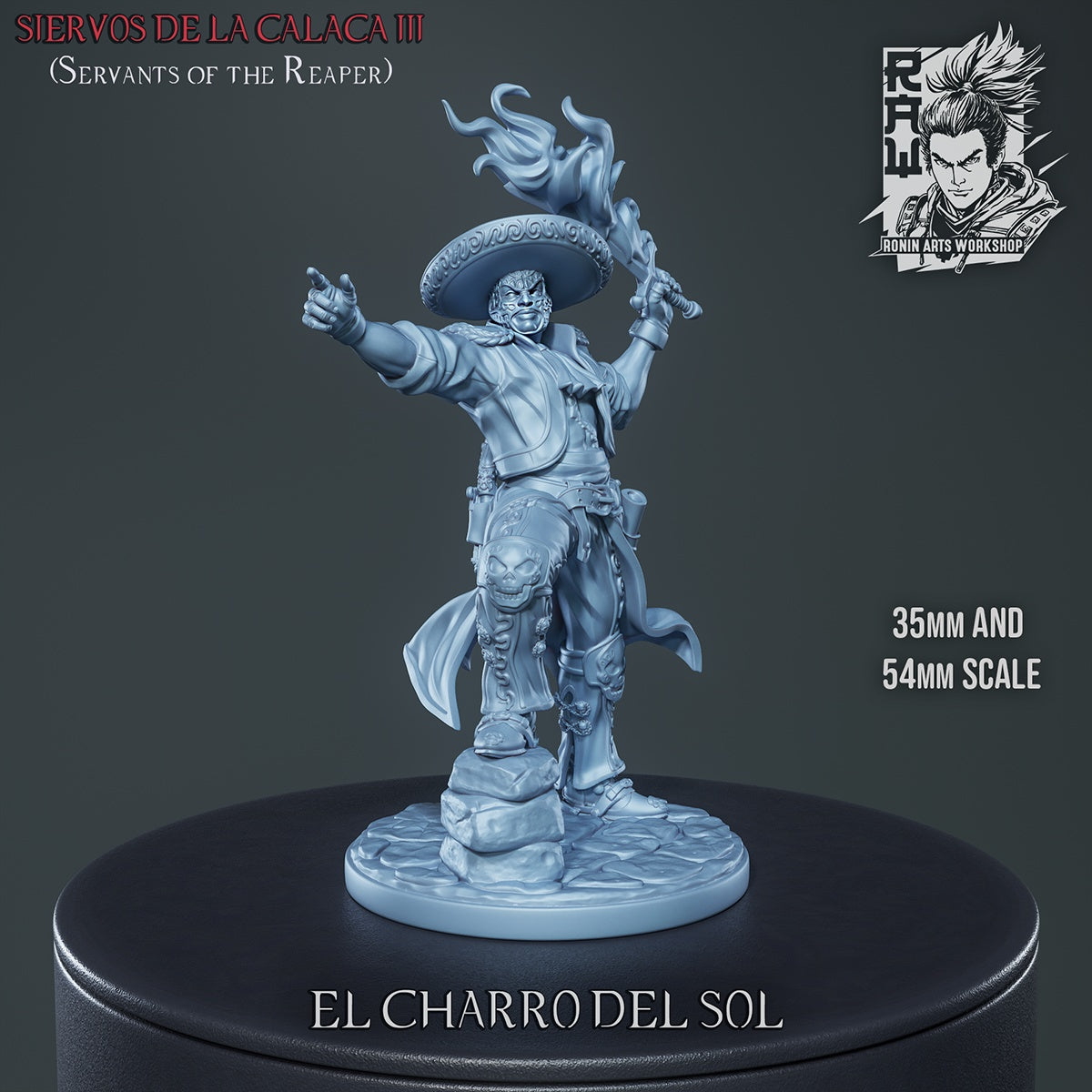 unpainted model of masked luchador with embroidered jacket, wide-brimmed hat, and raised flaming blade; collectible figure from Servants of the Reaper.