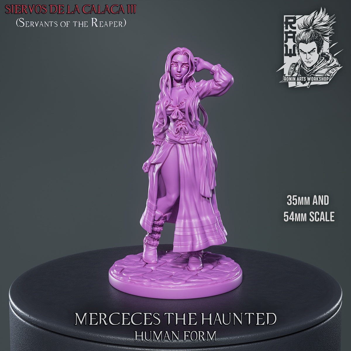 unpainted human form of female figure in detailed attire with hand posed near head, collectible miniature for fantasy display or tabletop.