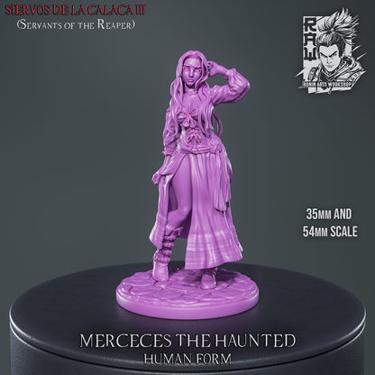 unpainted human form of female figure in detailed attire with hand posed near head, collectible miniature for fantasy display or tabletop.