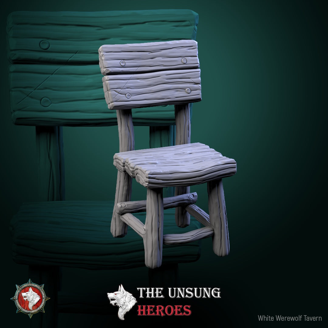 Small wooden tavern chair – fantasy RPG furniture prop for medieval terrain in Pathfinder and Dungeons & Dragons