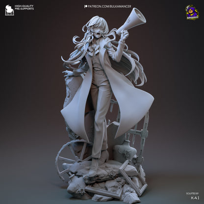 Unpainted Chando “Usseewa” Ado 1:8 scale figure shown from the front, featuring long hair, a dramatic coat, tailored clothing, megaphone pose, and a textured stone base with frames and roses.