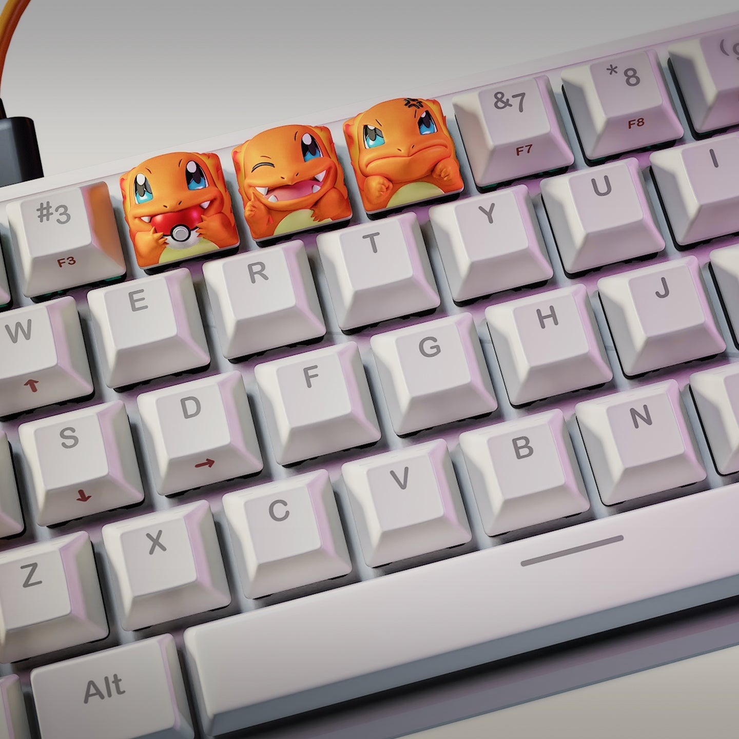 Top view of full keyboard with Charmander keycap set by NomNom Figures