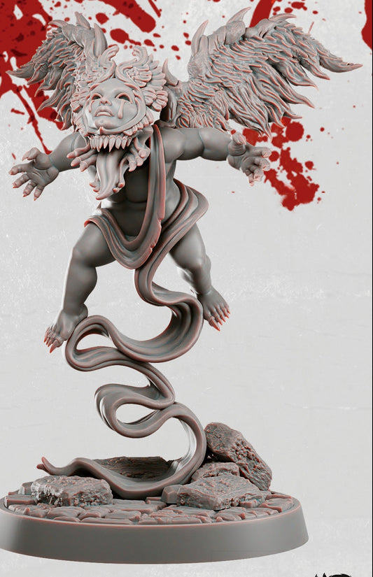 Cherub fiend deceiver miniature from Fortress of Penance wearing an angelic mask hiding demonic features, winged childlike figure hovering above cracked stone with arms outstretched and ritual bell, grimdark Dungeons and Dragons tabletop miniature