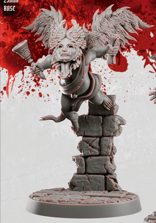 Cherub fiend deceiver miniature from Fortress of Penance wearing an angelic mask concealing demonic features, winged childlike figure holding a ritual bell while leaping from a broken stone pillar, grimdark Dungeons and Dragons tabletop miniature