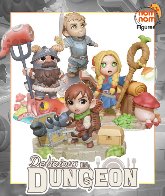 Group diorama featuring Chibi Chillchuck, Laios Touden, Marcille, and Senshi in vibrant dungeon scenes.