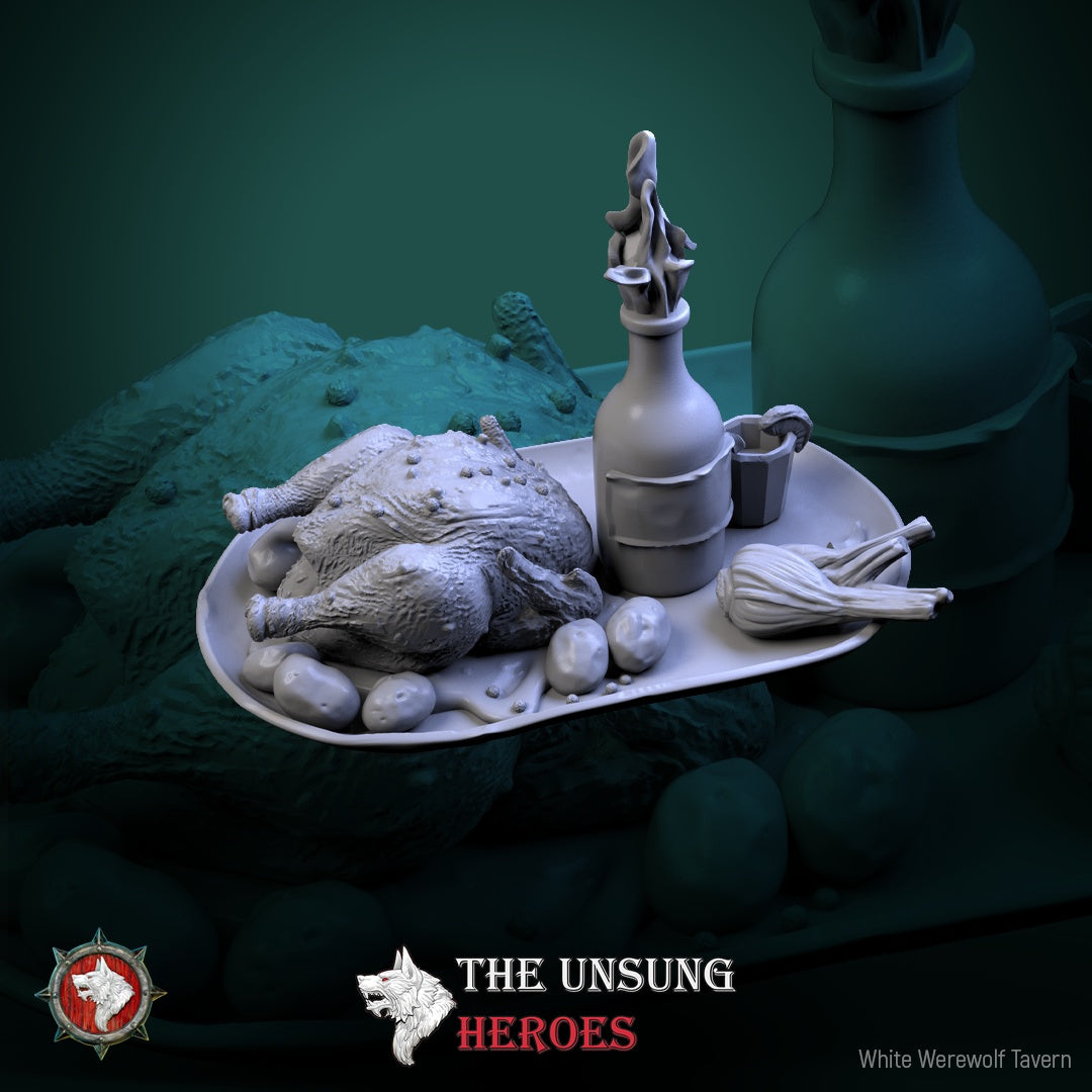 Large feast platter with roasted chicken, vegetables, and wine bottle – fantasy RPG tavern accessory for D&D and Pathfinder