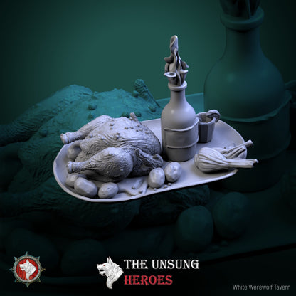 Large feast platter with roasted chicken, vegetables, and wine bottle – fantasy RPG tavern accessory for D&D and Pathfinder