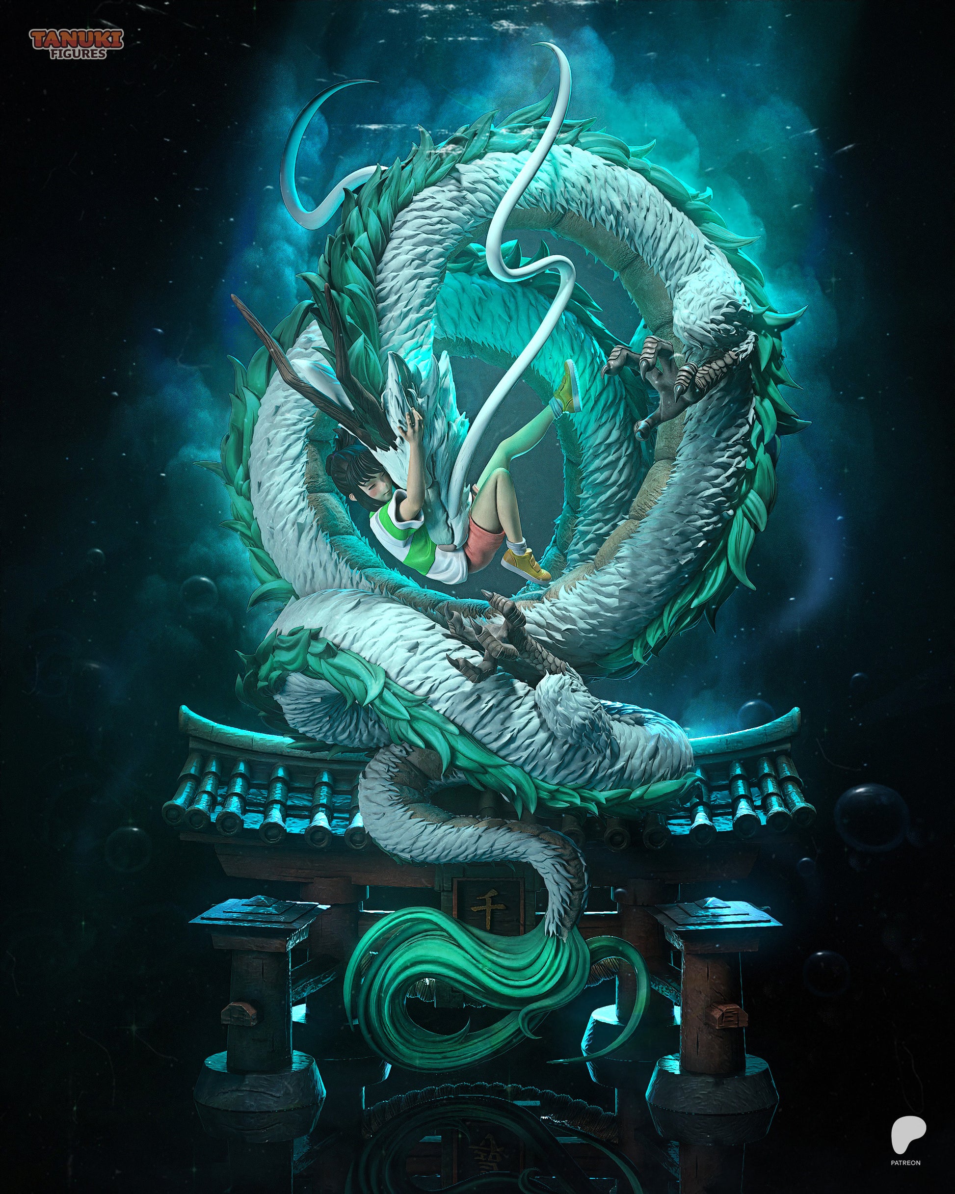 Chihiro and Haku Spirited Away figure in 1:6 scale, Studio Ghibli collectible featuring Chihiro holding onto dragon Haku with swirling energy base
