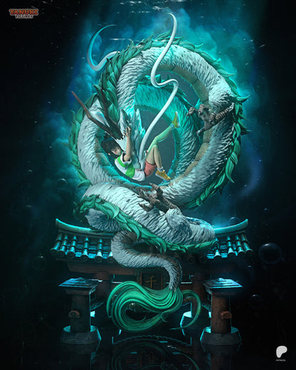 Chihiro and Haku Spirited Away figure in 1:6 scale, Studio Ghibli collectible featuring Chihiro holding onto dragon Haku with swirling energy base
