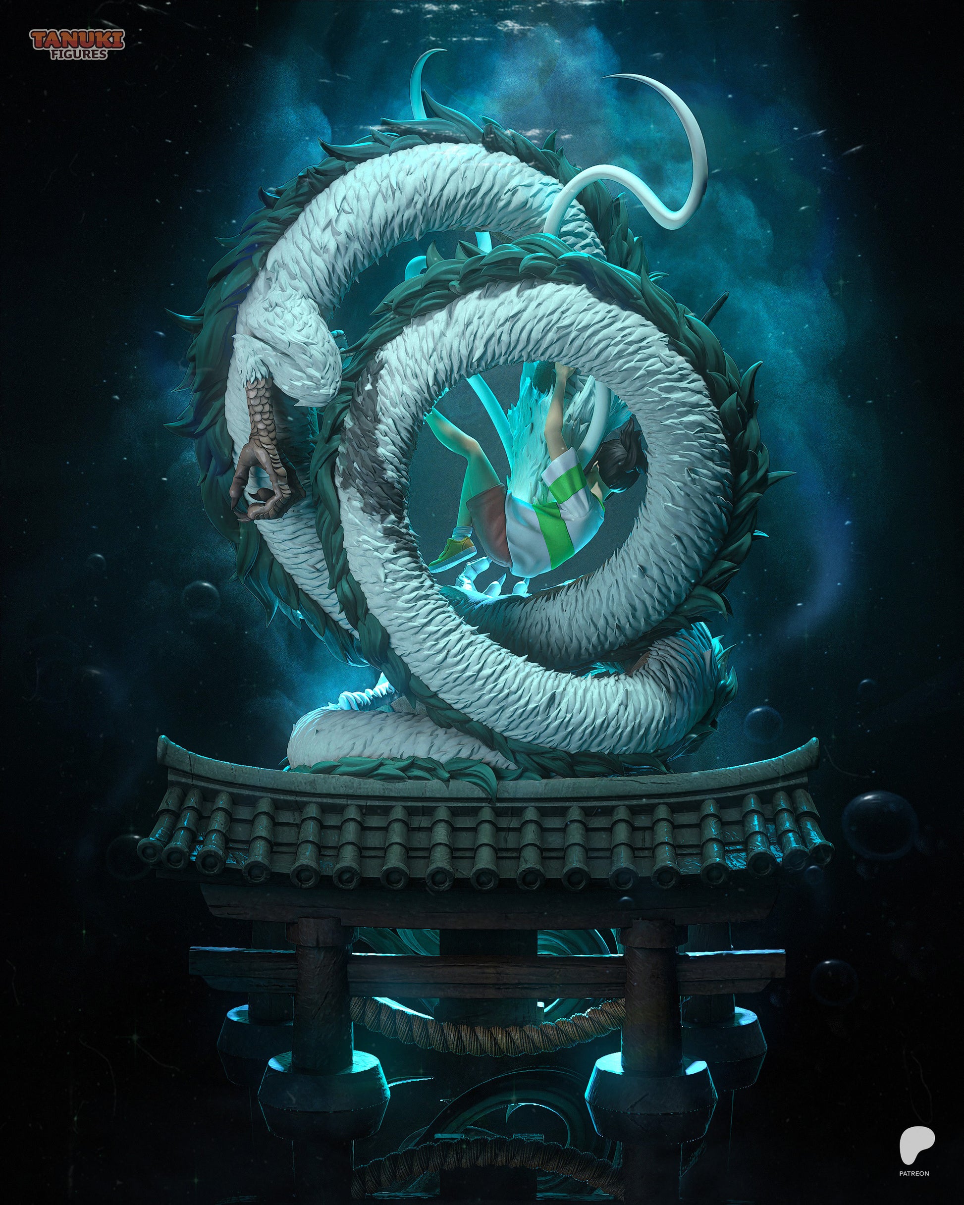Chihiro and Haku Spirited Away figure in 1:6 scale, Studio Ghibli collectible featuring Chihiro holding onto dragon Haku with swirling energy base