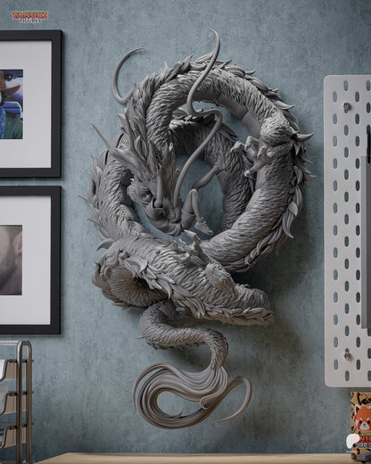 Anime collectible statue of Chihiro hugging Haku in dragon form, Spirited Away 1:6 scale figure with water dragon and torii gate display base