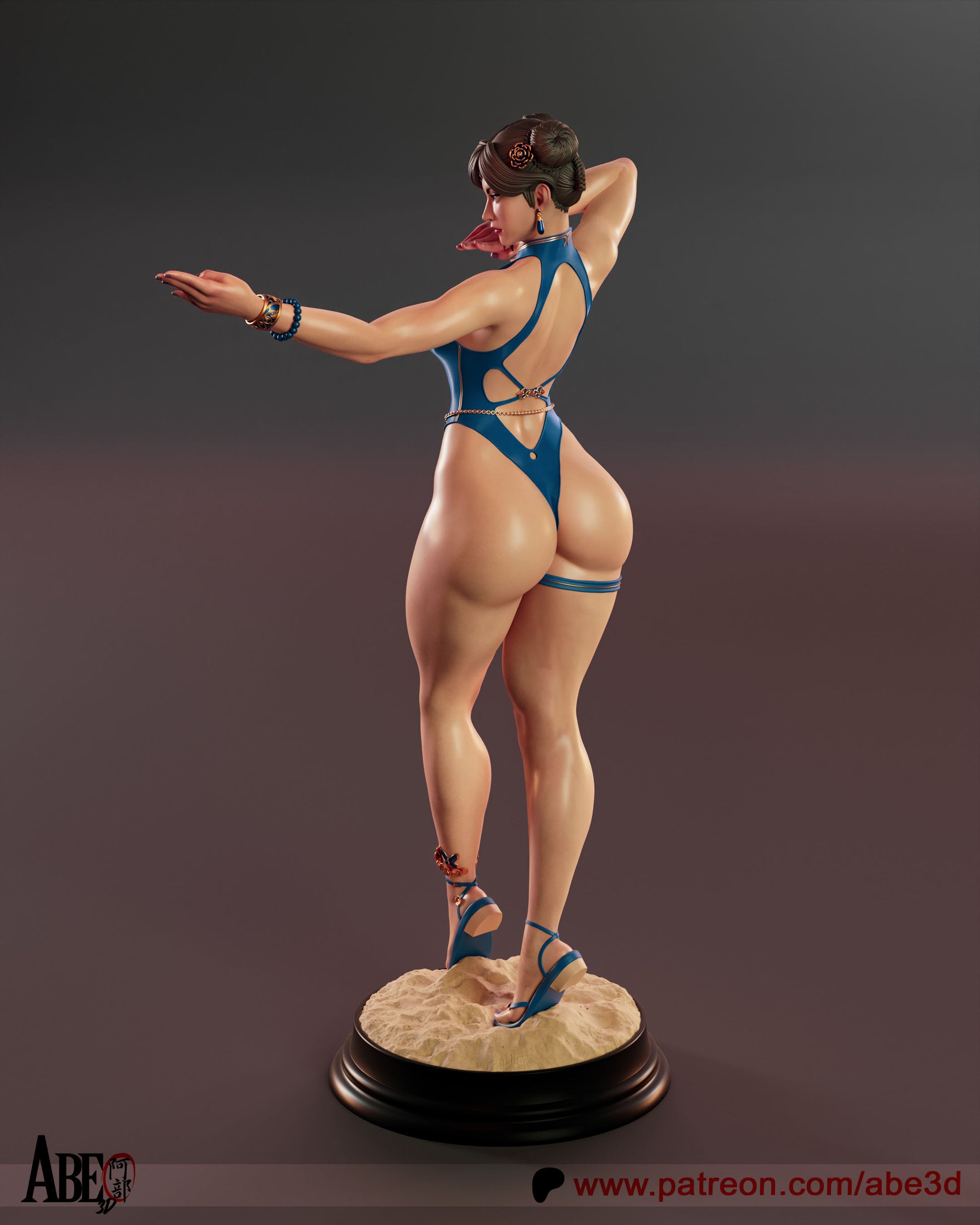 Rear view of Chun-Li 1:4 scale collectible figure from Street Fighter, showing detailed hair buns, back straps, and base sculpt with sandy texture.