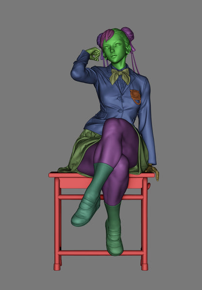 Chun-Li Street Fighter 3D model color-coded view showing seated pose on school desk, uniform jacket, skirt, socks, and shoes.