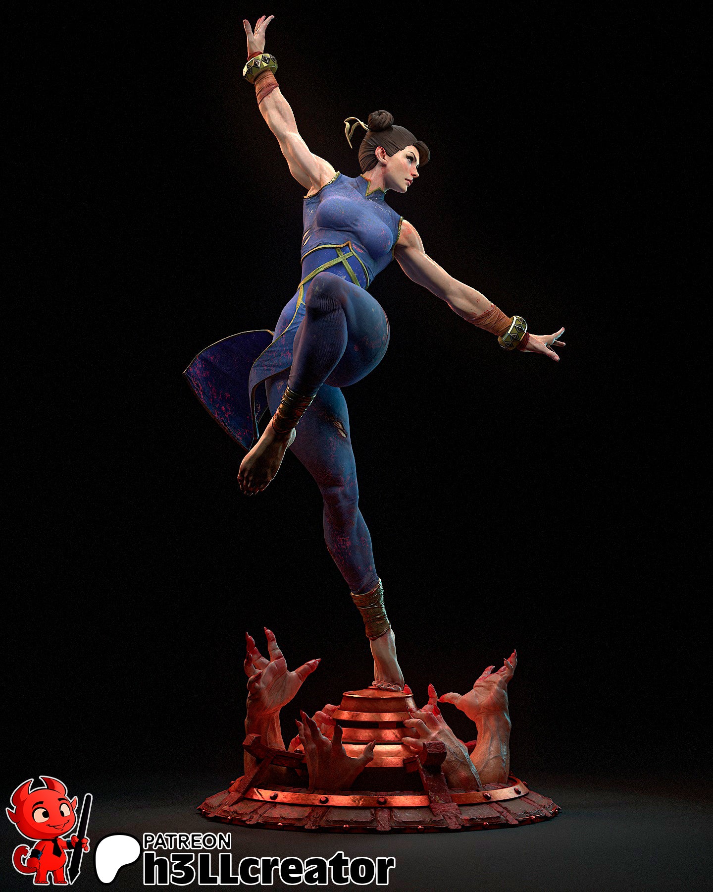 1:12 scale Chun-Li collectible in a high kick pose, wearing her classic qipao with battle damage, balanced on a base of demonic hands.