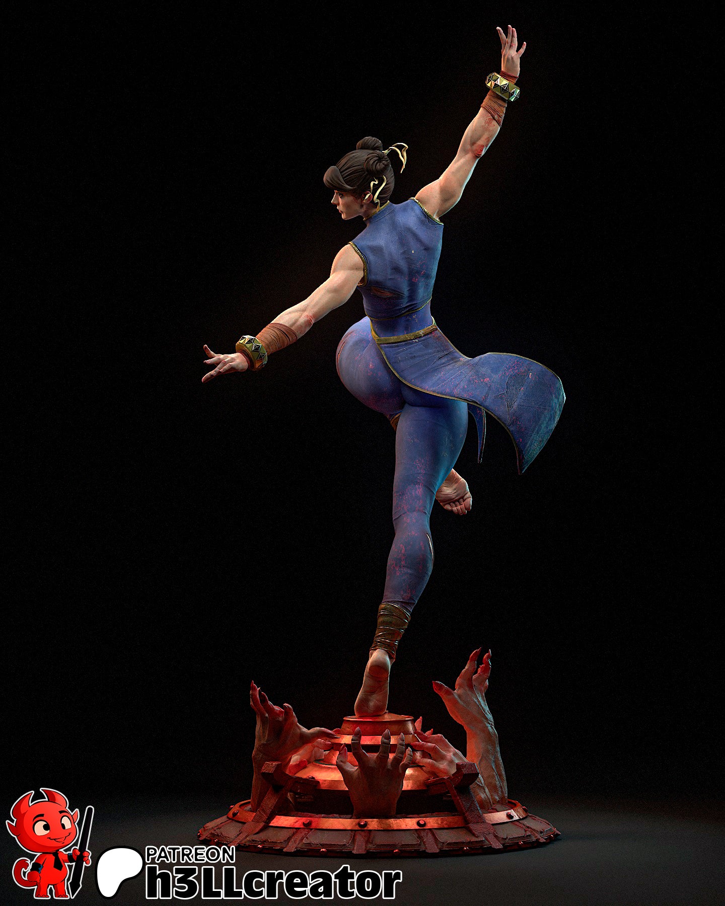 Rear view of Chun-Li mid-kick with flowing fabric, revealing costume wear and hand-shaped base emerging from the ground.