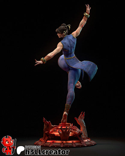 Rear view of Chun-Li mid-kick with flowing fabric, revealing costume wear and hand-shaped base emerging from the ground.