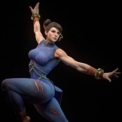 Close-up of Chun-Li in motion, focused expression and spiked bracelets visible, captured mid-spin in stylized action.