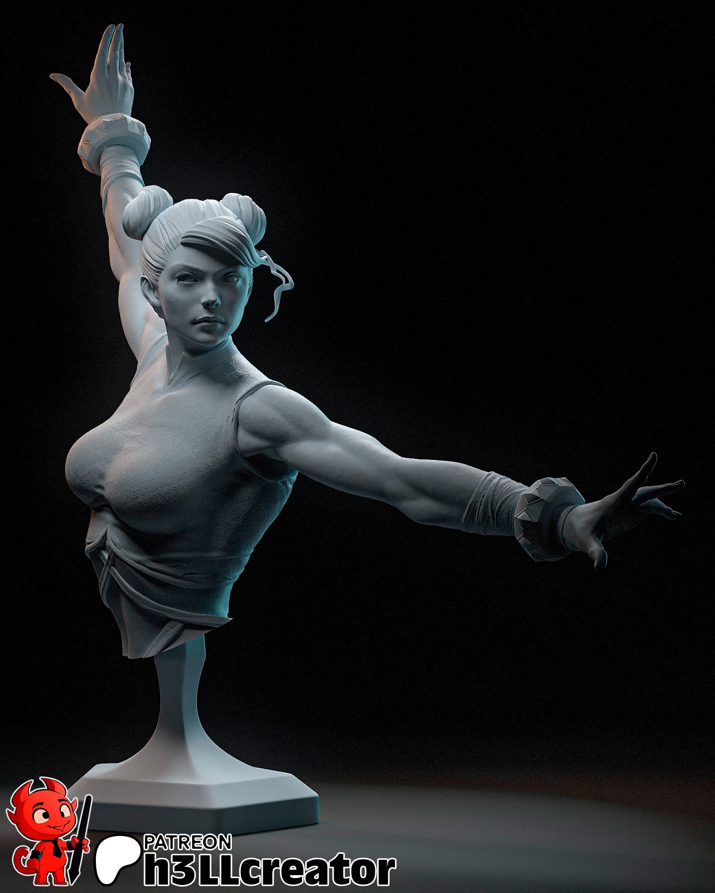 Bust version of Chun-Li posed in combat stance, grayscale render showing focused gaze, twin buns, and powerful arm extension.