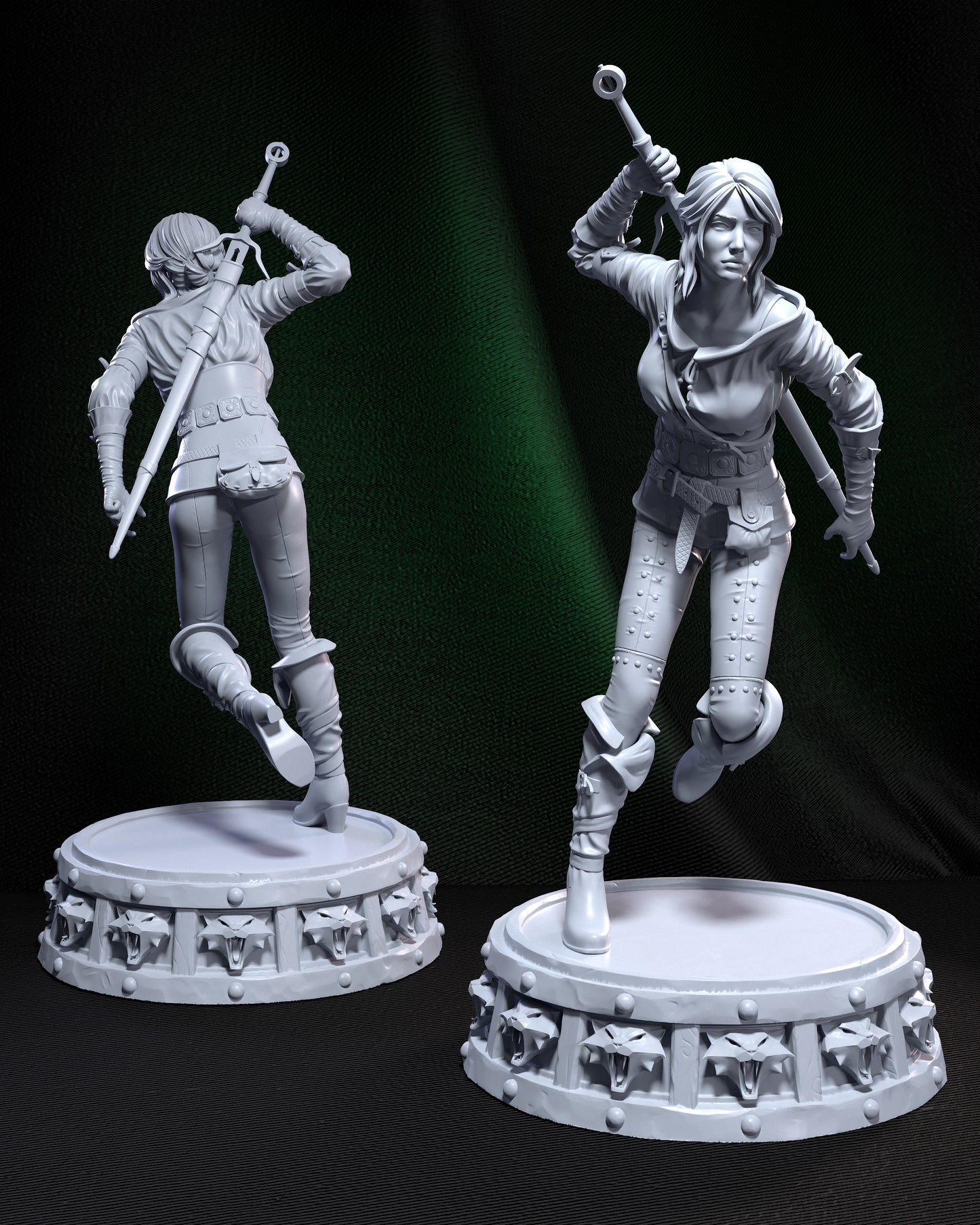 Unpainted Ciri figure in charging pose, viewed from front and back, standing on a sculpted base with snarling wolf medallions.