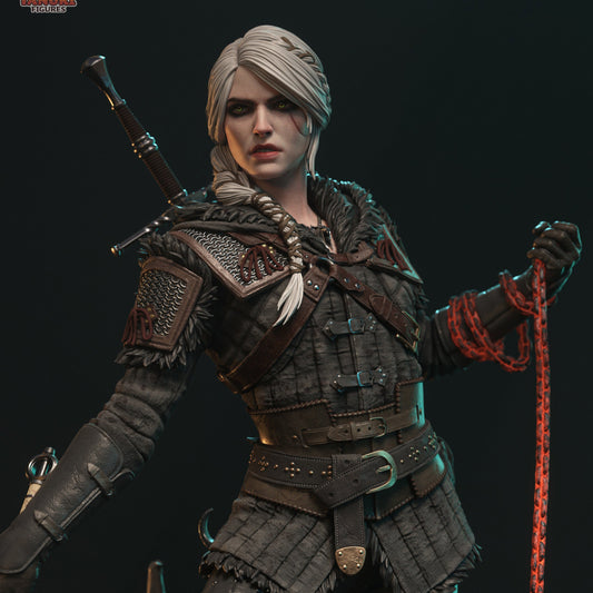 Close-up of painted Ciri figure showing detailed armor textures, intense expression, and chain weapon wrapping her wrist.