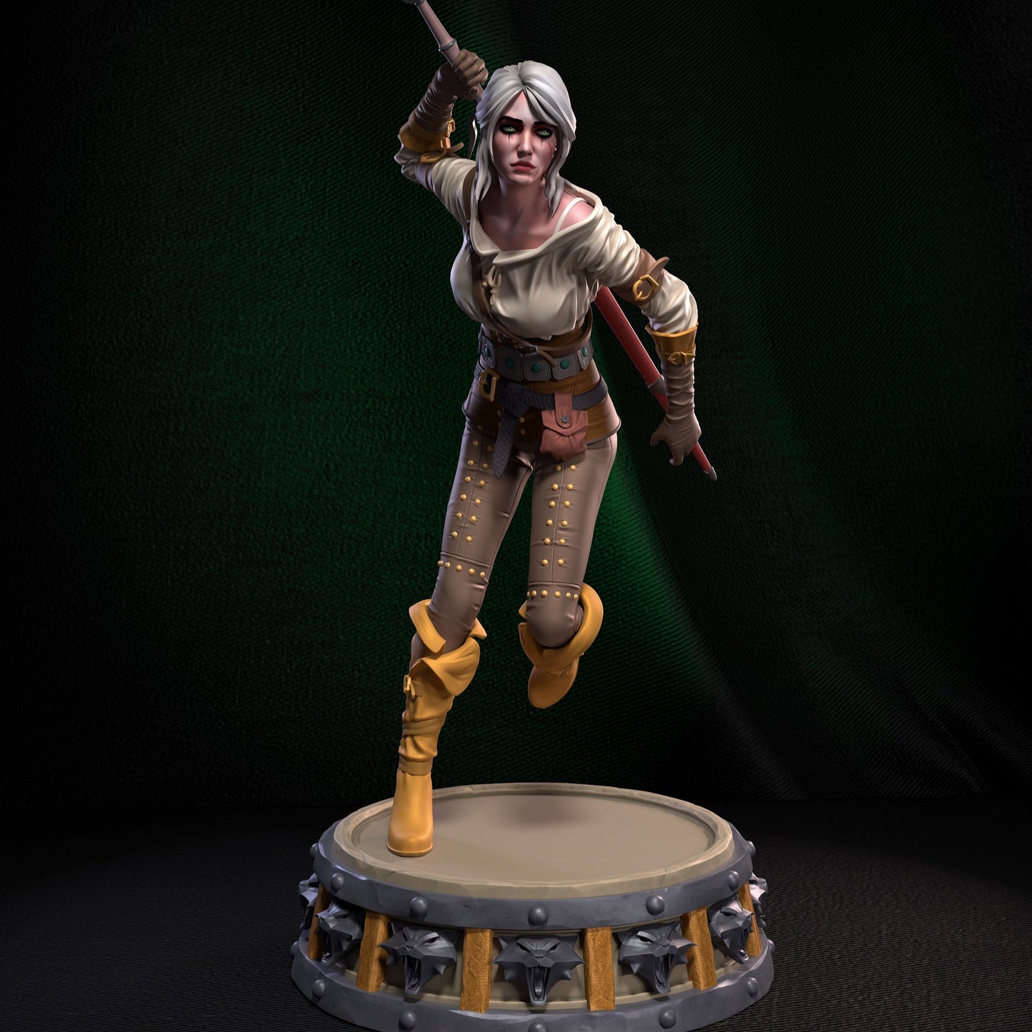 Painted Ciri figurine mid-stride with sword drawn, white hair flowing, mounted on a detailed monster-head base.