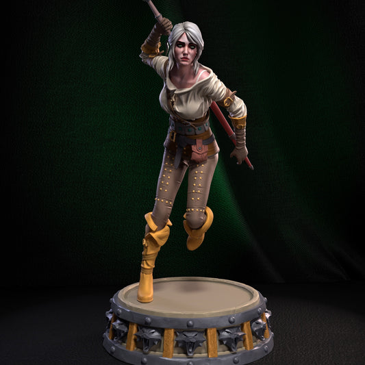Painted Ciri figurine mid-stride with sword drawn, white hair flowing, mounted on a detailed monster-head base.