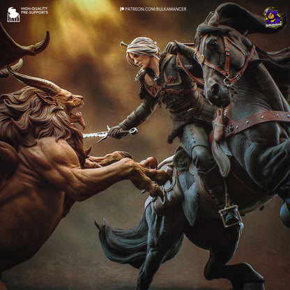Colored render of Ciri vs Manticore scene showing armored Ciri attacking from horseback against the roaring beast, inspired by The Witcher.