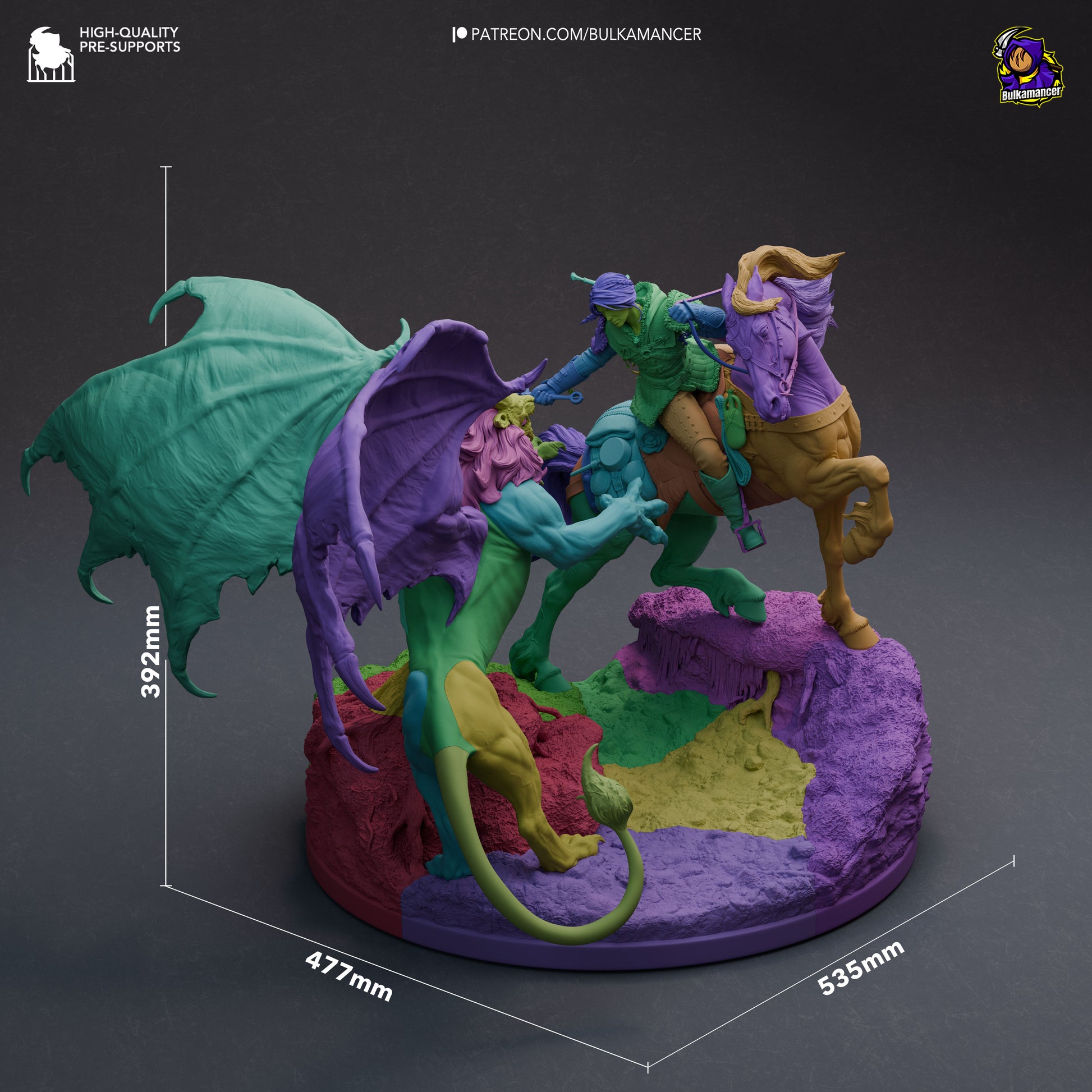 Color-coded diagram of Ciri vs Manticore statue with dimensions labeled 392mm high, 477mm deep, and 535mm wide.