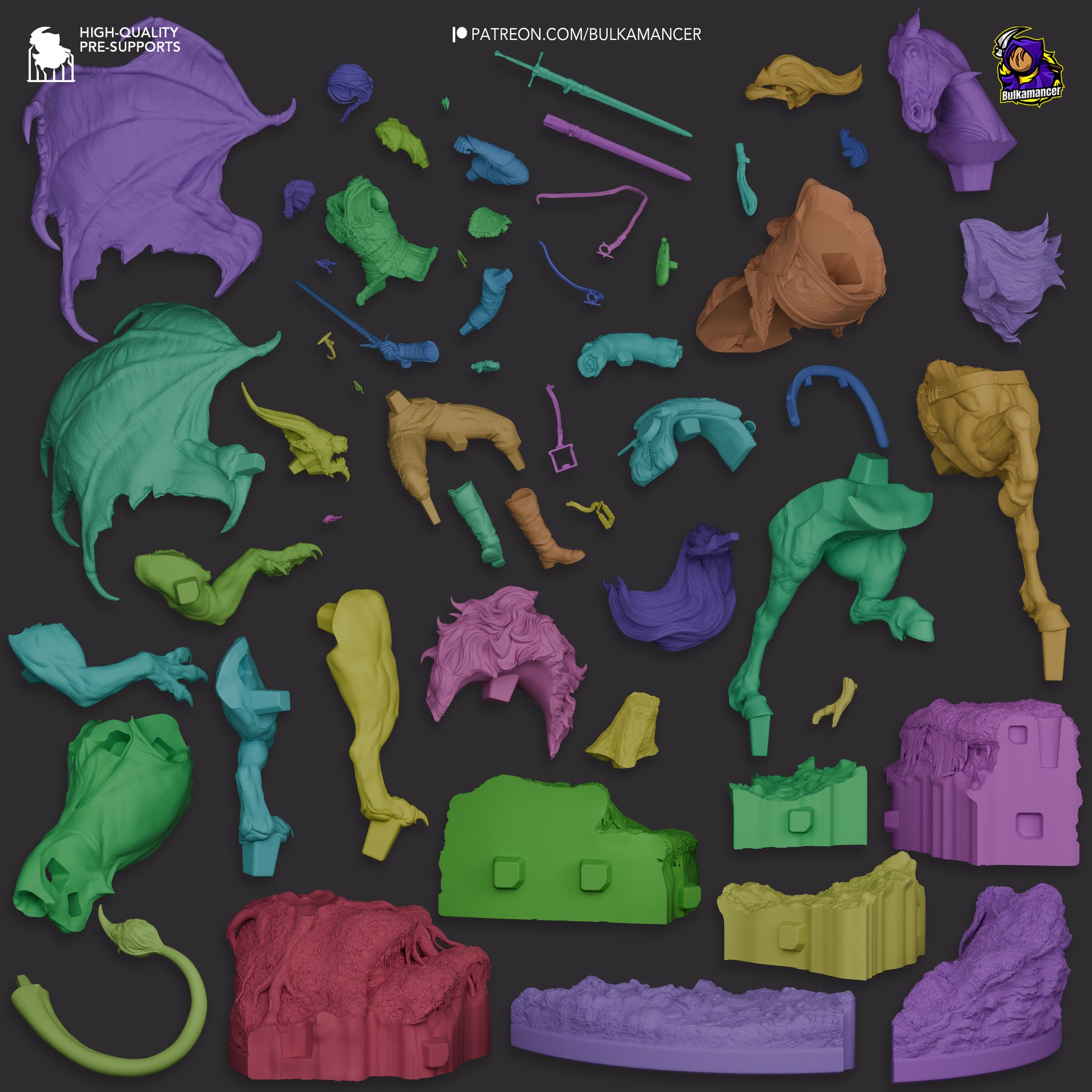 Exploded assembly layout showing individual parts of Ciri vs Manticore 1:8 scale collectible statue separated by component.