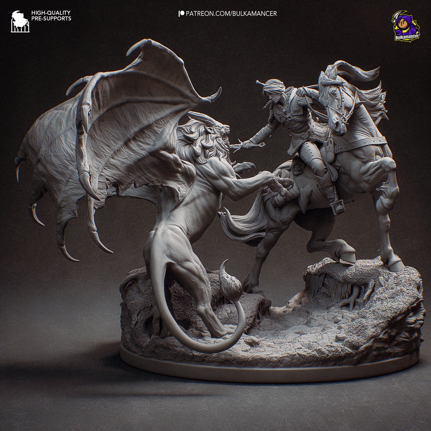 Ciri on horseback strikes at a winged manticore rearing up on rocky terrain, detailed 1:8 scale collectible statue from The Witcher.