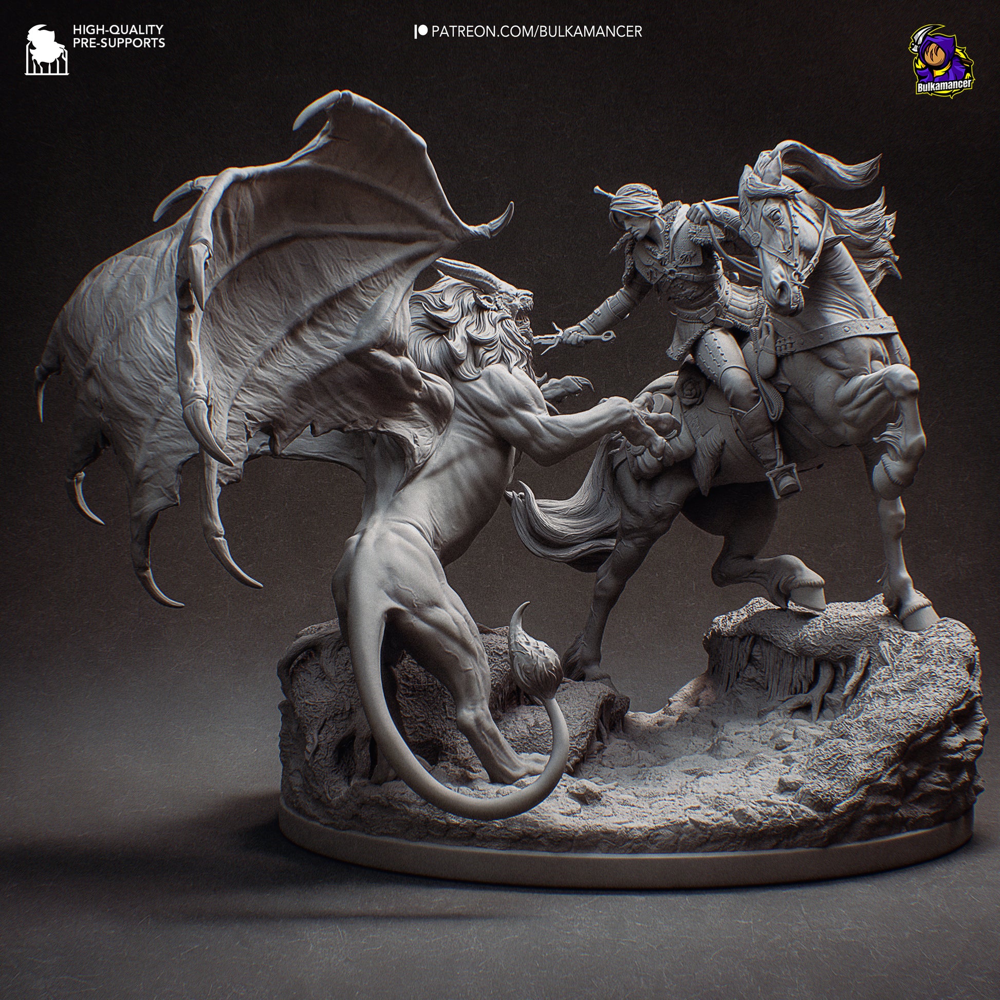 Ciri on horseback strikes at a winged manticore rearing up on rocky terrain, detailed 1:8 scale collectible statue from The Witcher.