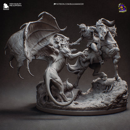 Ciri on horseback strikes at a winged manticore rearing up on rocky terrain, detailed 1:8 scale collectible statue from The Witcher.