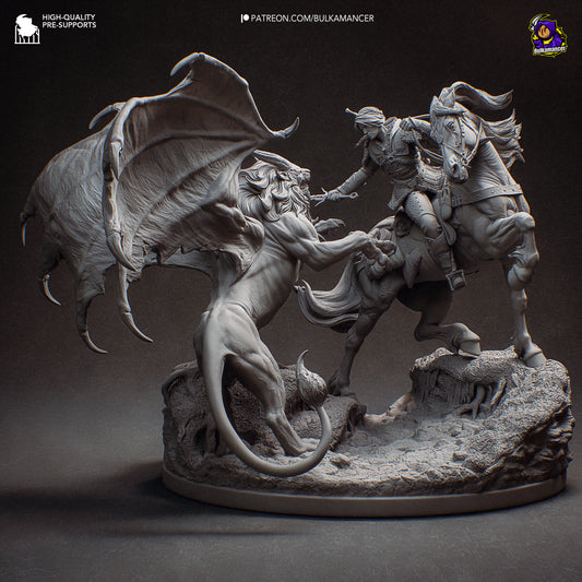 Ciri on horseback strikes at a winged manticore rearing up on rocky terrain, detailed 1:8 scale collectible statue from The Witcher.