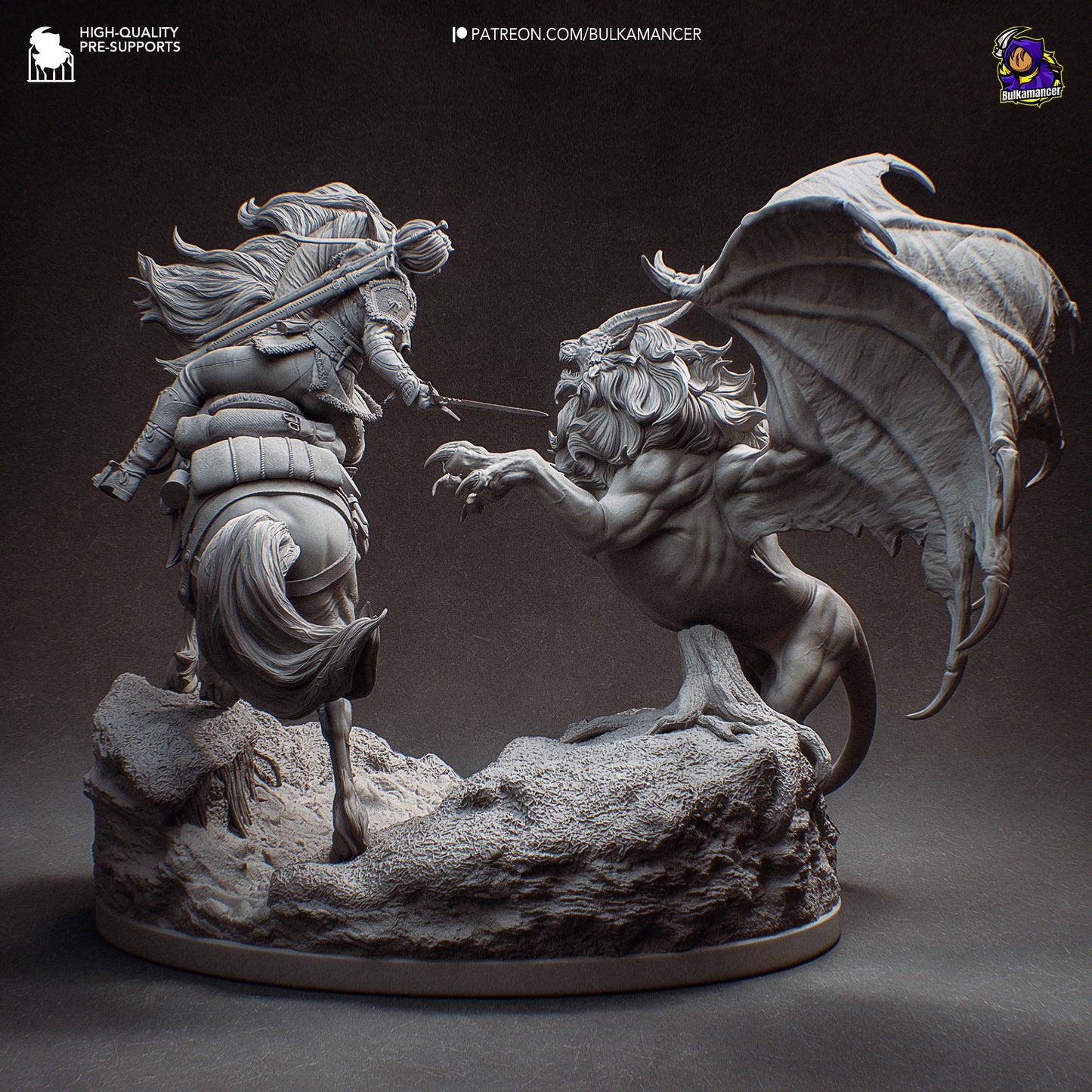 Back view of Ciri on rearing horse facing a manticore with wings spread, sculpted base showing battle terrain in The Witcher statue.
