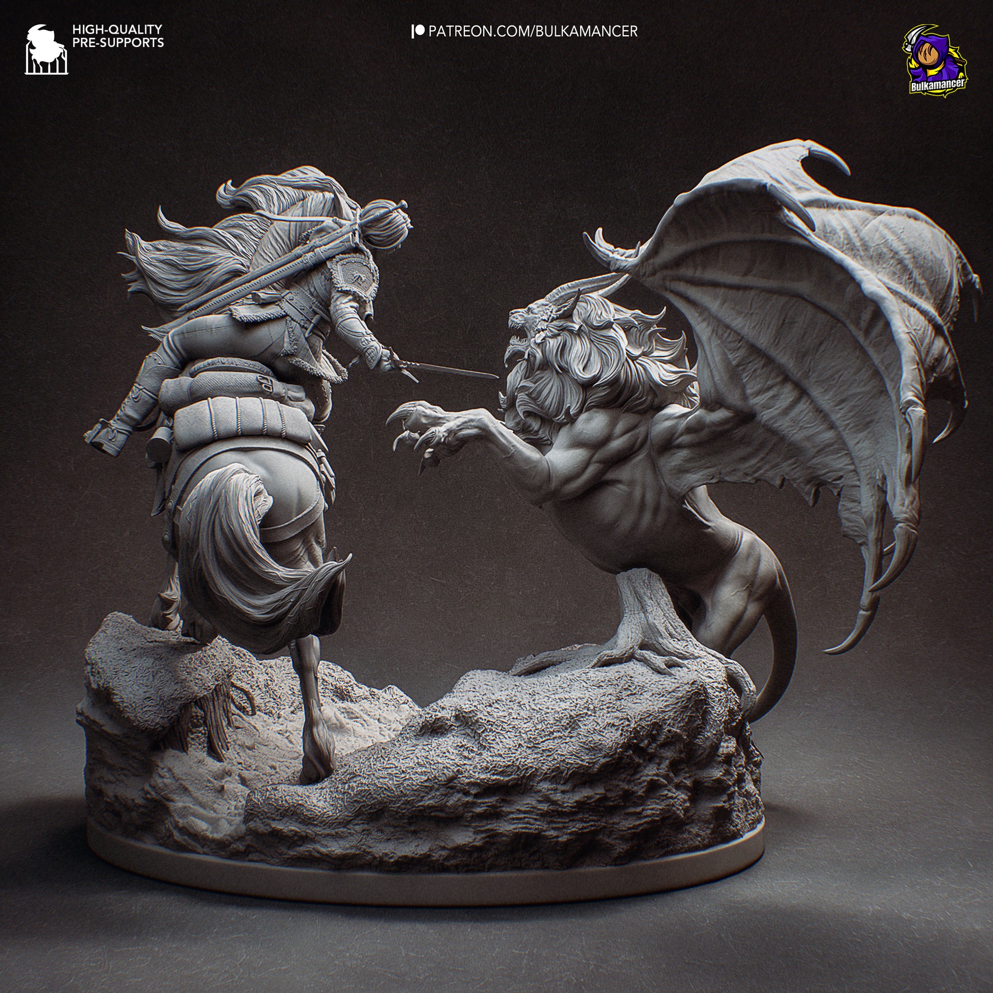 Back view of Ciri on rearing horse facing a manticore with wings spread, sculpted base showing battle terrain in The Witcher statue.