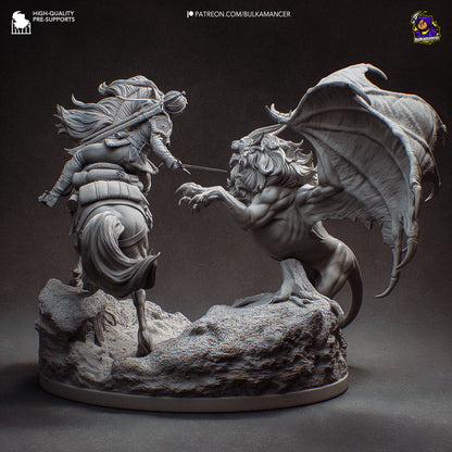 Back view of Ciri on rearing horse facing a manticore with wings spread, sculpted base showing battle terrain in The Witcher statue.