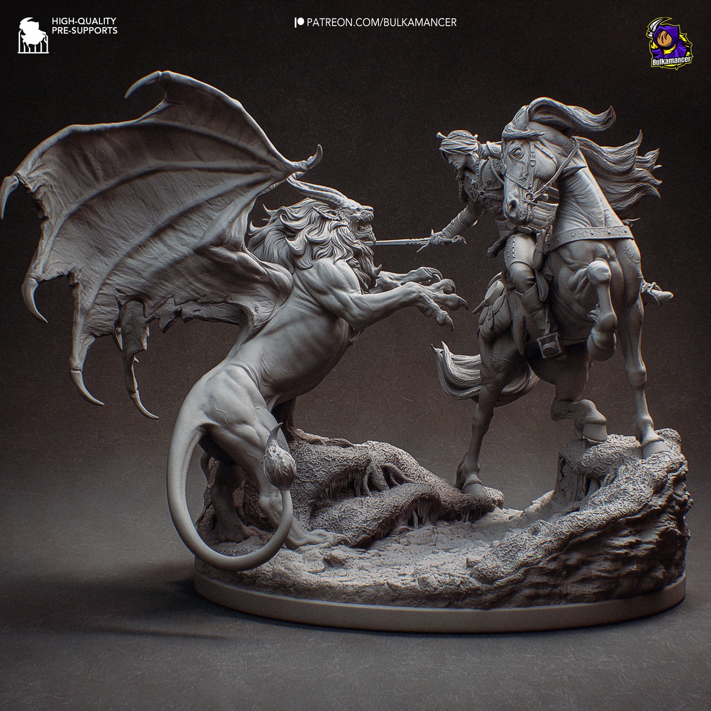 Ciri on horseback strikes at a winged manticore rearing up on rocky terrain, detailed 1:8 scale collectible statue from The Witcher.