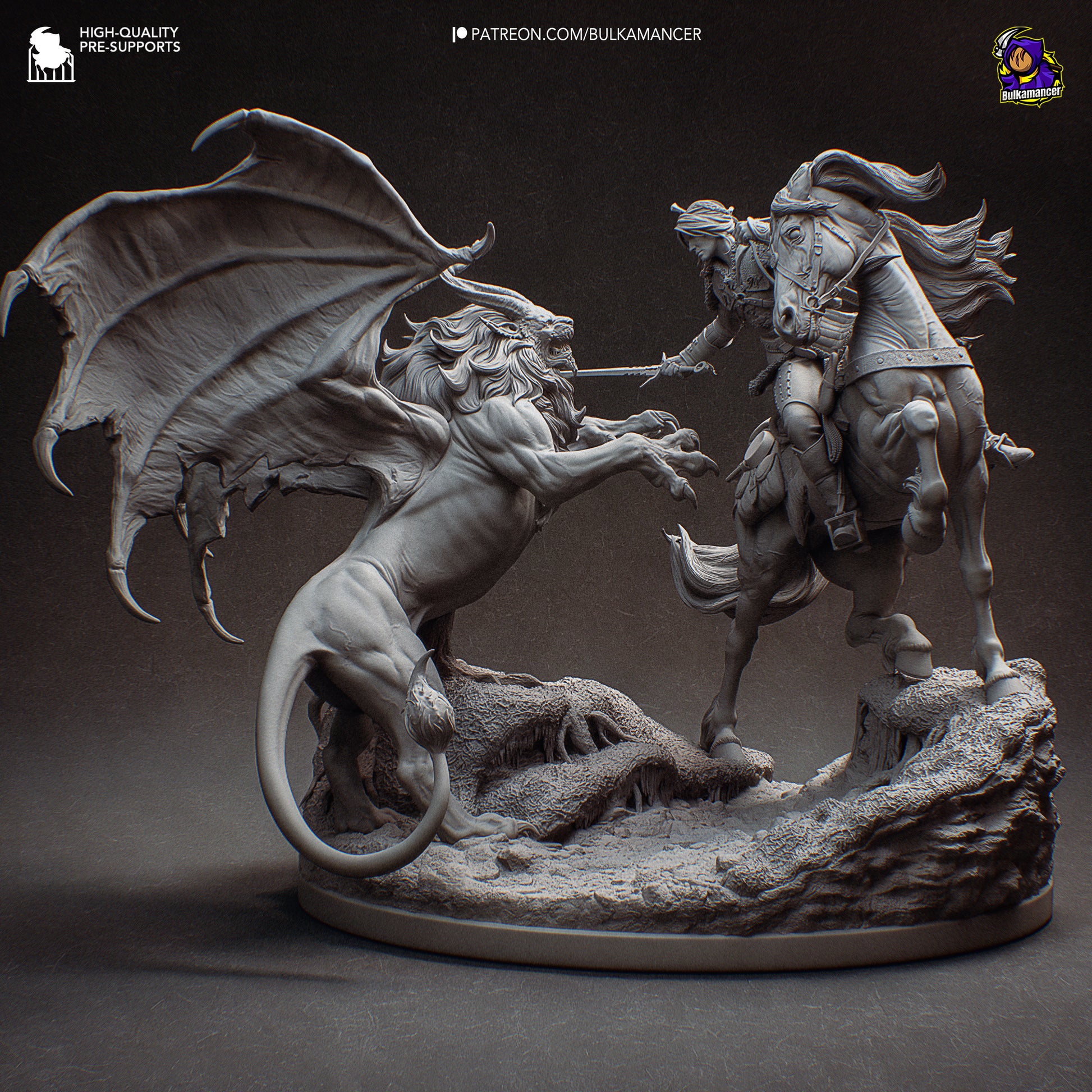 Ciri on horseback strikes at a winged manticore rearing up on rocky terrain, detailed 1:8 scale collectible statue from The Witcher.