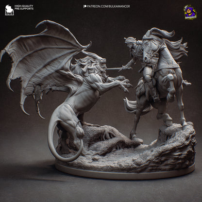 Ciri on horseback strikes at a winged manticore rearing up on rocky terrain, detailed 1:8 scale collectible statue from The Witcher.