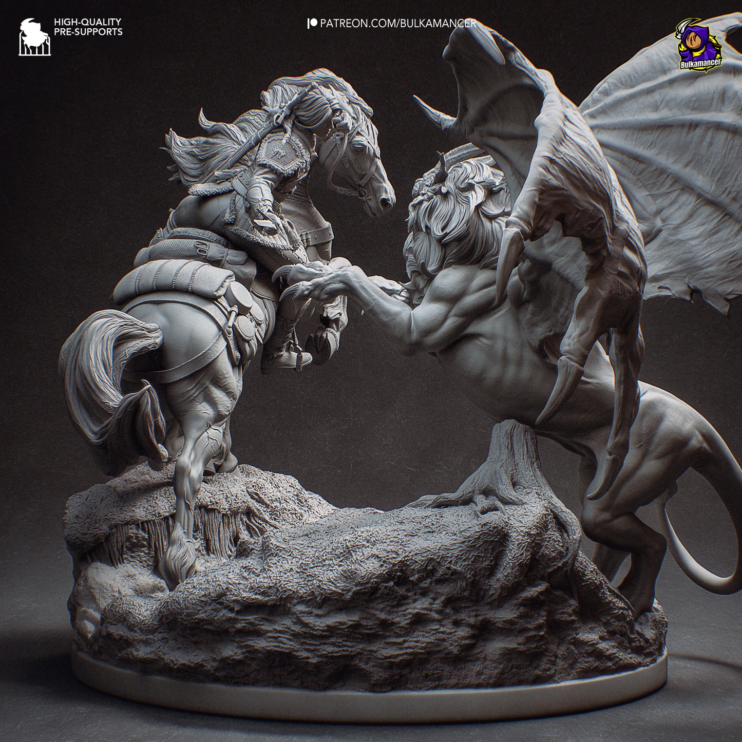 Ciri on horseback strikes at a winged manticore rearing up on rocky terrain, detailed 1:8 scale collectible statue from The Witcher.