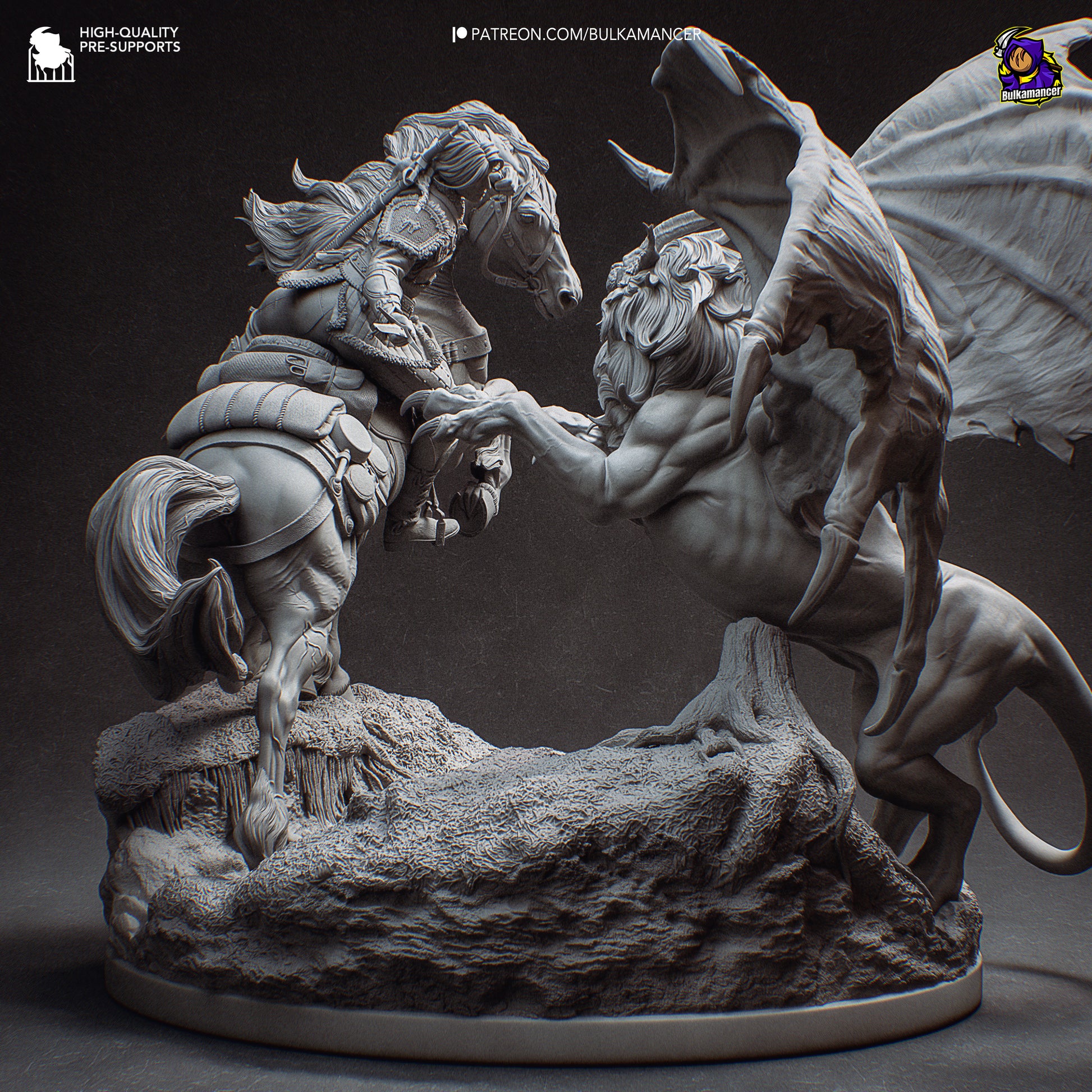 Ciri on horseback strikes at a winged manticore rearing up on rocky terrain, detailed 1:8 scale collectible statue from The Witcher.
