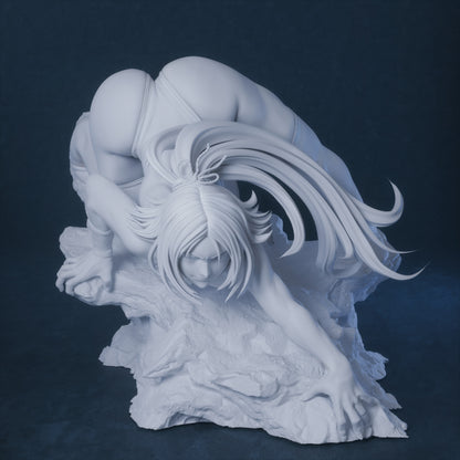 Unpainted bust version of Yoruichi Shihouin in crawling stance, detailed sculpting of hair, muscle definition, and textured stone base.