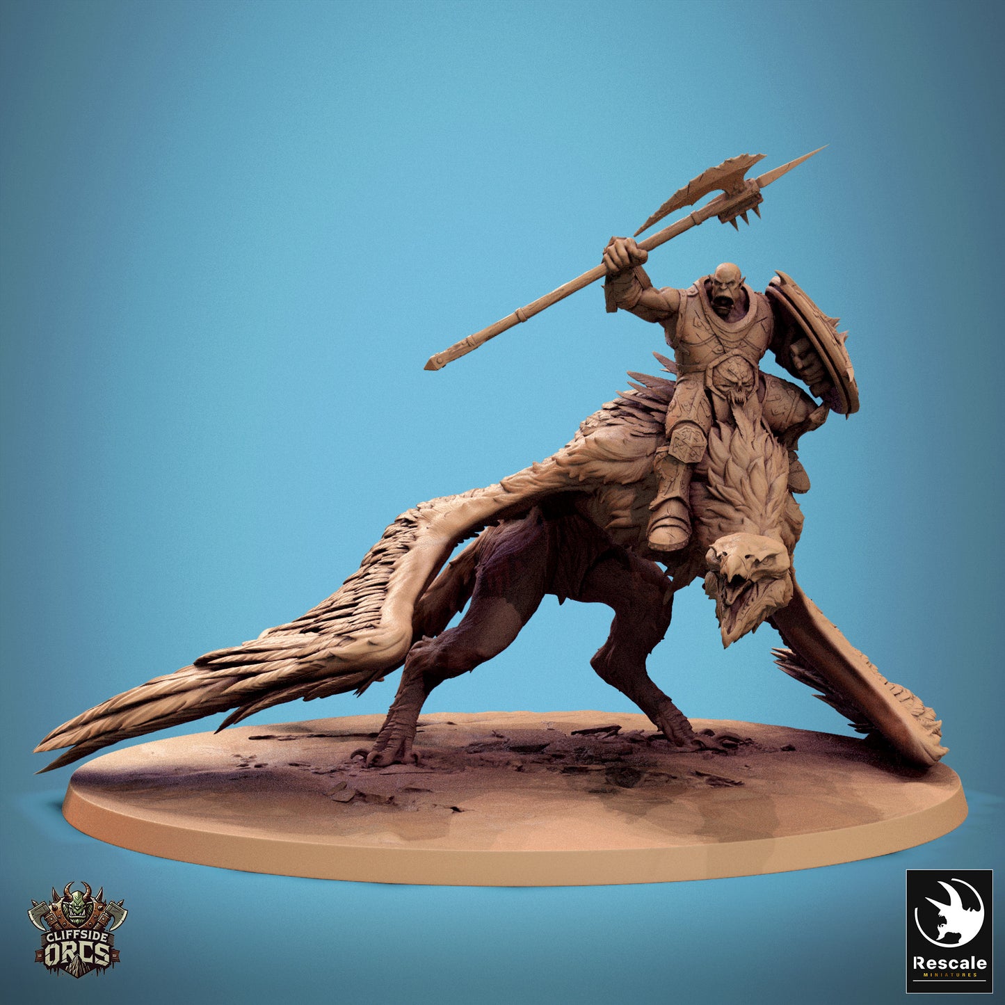 A Giant Vulture miniature with an orc rider wielding a spear and shield, perched mid-motion on a detailed base.