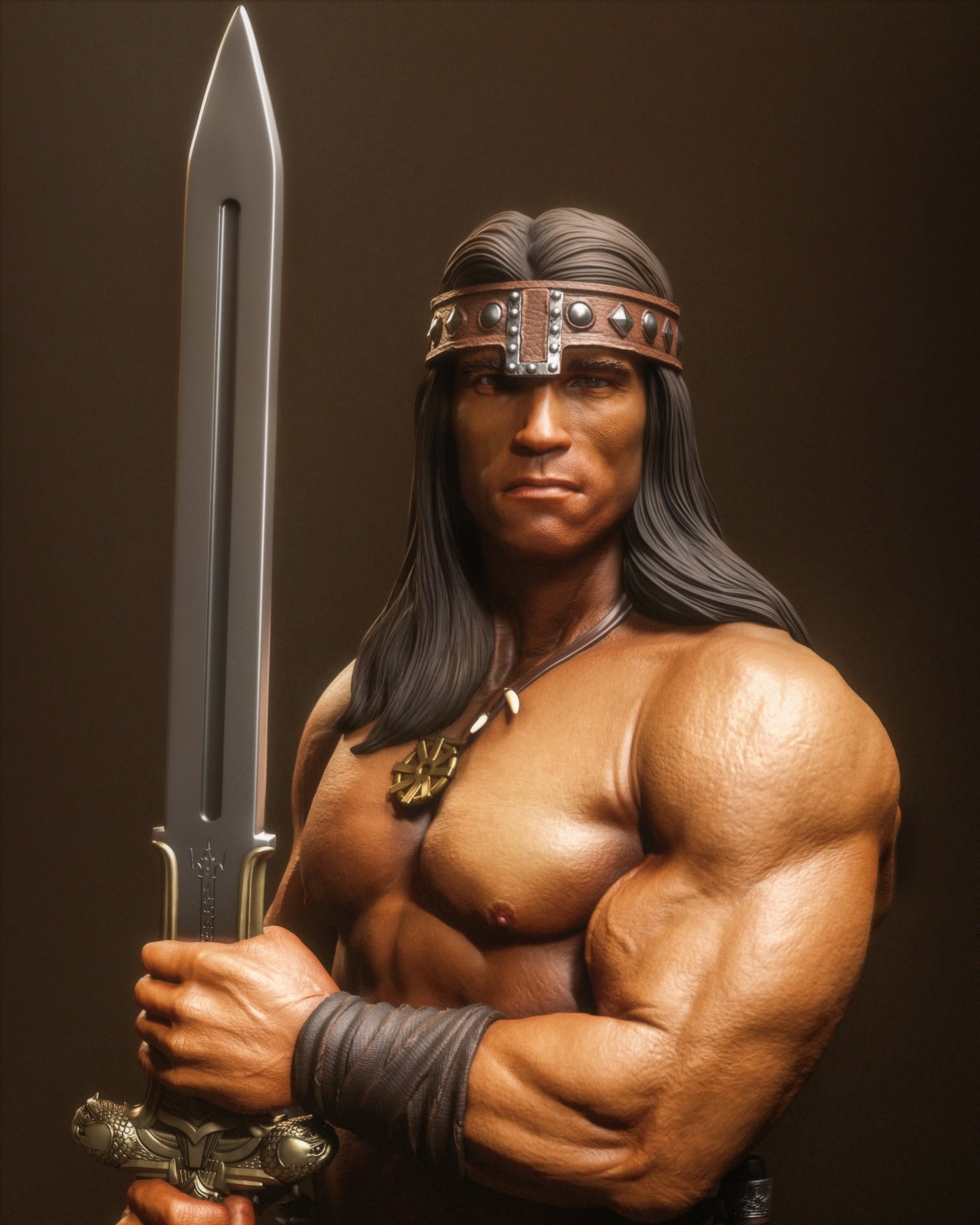 Close-up of Conan's face holding a broadsword upright, wearing a headband with rivets and a pendant.