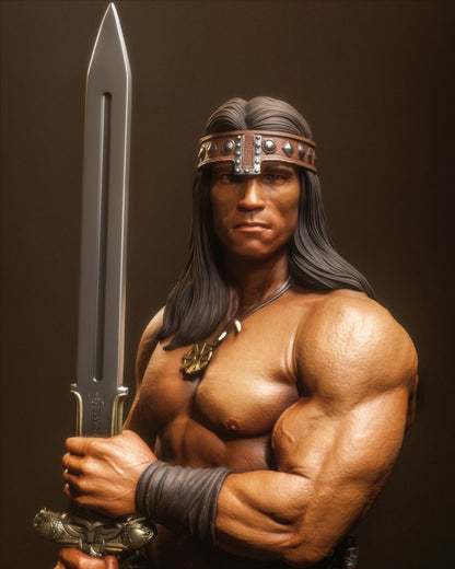 Close-up of Conan's face holding a broadsword upright, wearing a headband with rivets and a pendant.