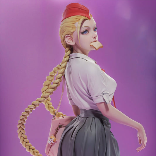 Stylized 1:6 scale Cammy figure from Street Fighter with toast in mouth, long braided ponytail, school uniform with red tie and pleated skirt, standing in playful pose.