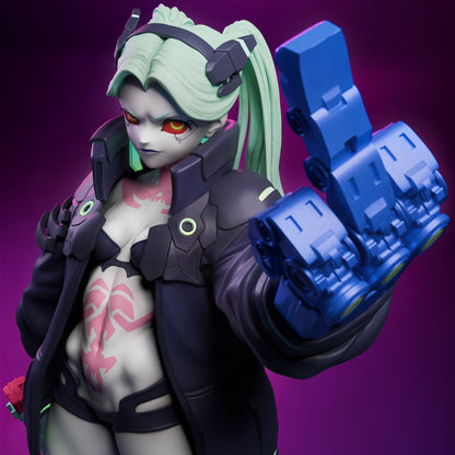 Rebecca Smasher Cyberpunk Edgerunners painted figurine close-up showing cybernetic details, tattoos, and glowing eyes.