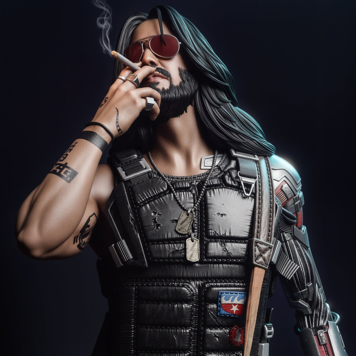 Johnny Silverhand Cyberpunk 2077 figure close-up showing facial details, cigarette, sunglasses, cybernetic arm, and chest armor